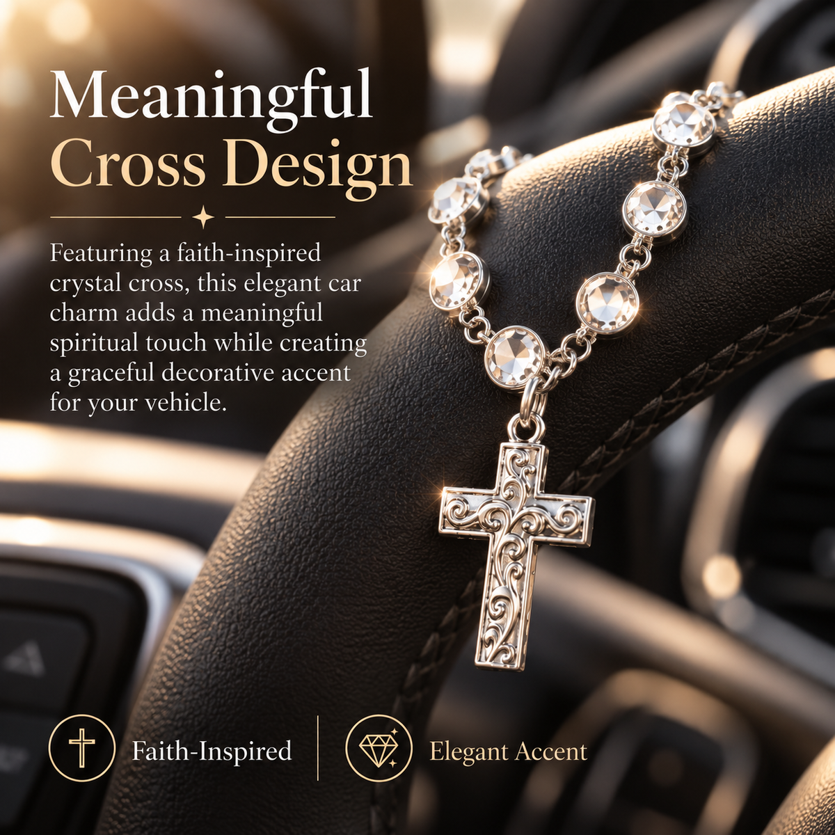 ✨ Faith Crystal Cross Charm – Silver Beaded Steering Wheel Ornament, Spiritual Blessing for Drivers & Auto Interior