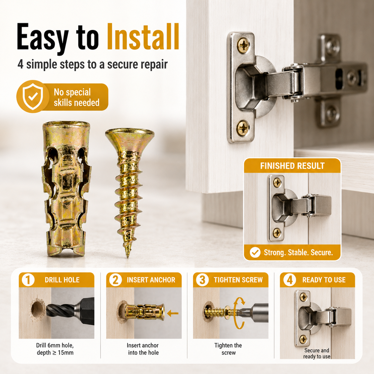 🔩 6×14mm Short Expansion Screw Set for Cabinet Hinge Repair & Stripped Thread Restoration