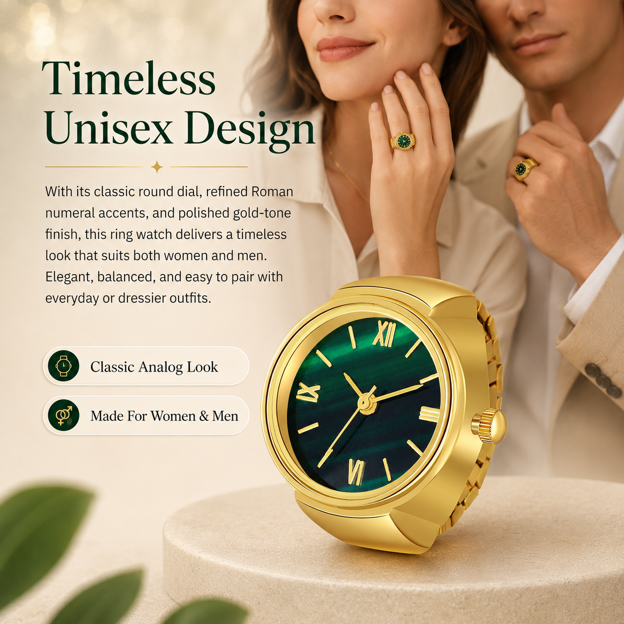 Gold-Tone Ring Watch – Vintage Roman Numeral Dial | Unisex Luxury Novelty Jewelry