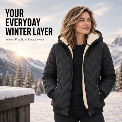 Women's Wool-Lined Hooded Winter Jacket – Cozy Plush Lining, Zip Pockets, Relaxed Fit for Cold Weather