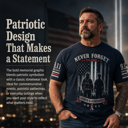 9/11 Memorial Tribute T-Shirt – Twin Towers, Eagle and American Flag Design