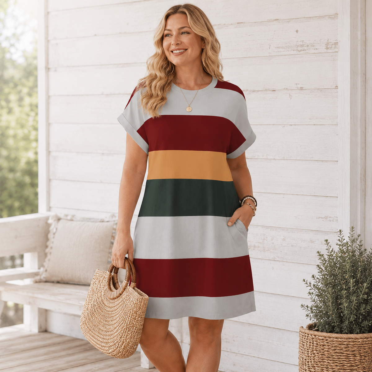 Colorblock Striped Sundress – Short Sleeve Crew Neck Plus Size Summer Dress