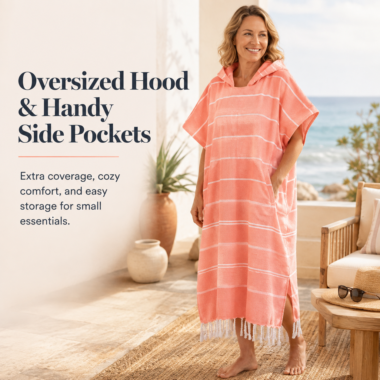 🌊 Striped Cotton Hooded Beach Poncho – Lightweight, Quick-Dry Comfort with Side Pockets