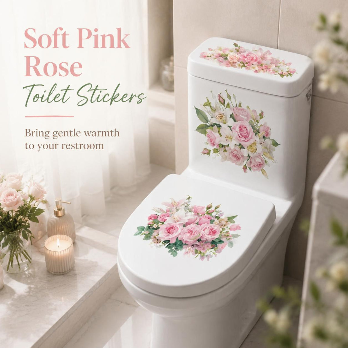 3-Piece Floral Bathroom Sticker Set – Peel & Stick PVC Decals, Waterproof Matte Finish, Instant Toilet & Wall Decor