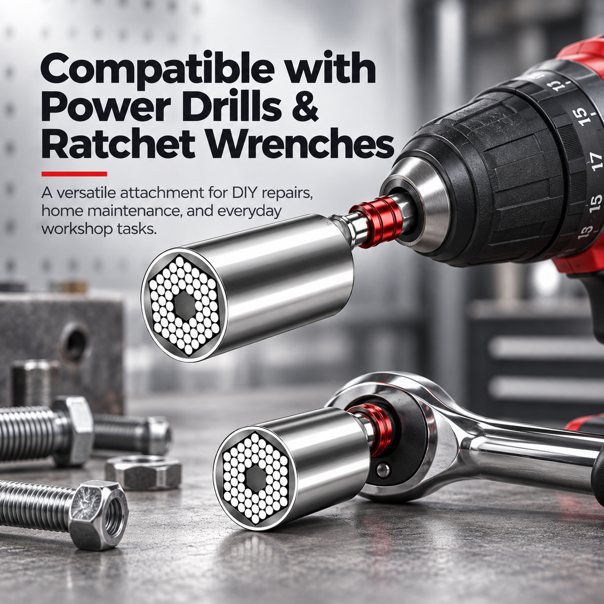 🔧 Drill-Ready Universal Socket – Adjustable Grip Tool for 7-19mm, Gift for Handyman