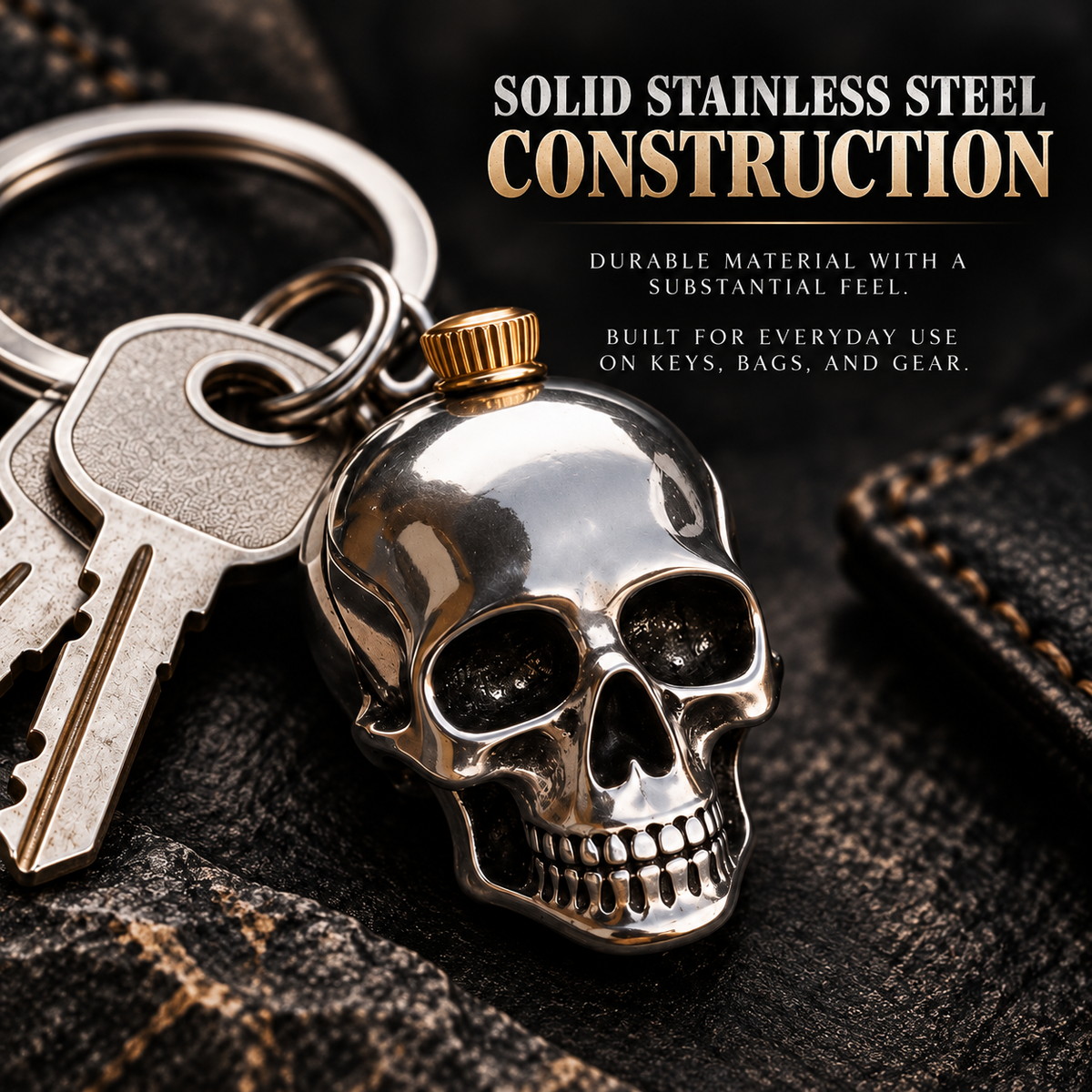 🔑 Heavy-Duty Stainless Steel Skull Keychain – Gothic Punk EDC Accessory, Durable Gift for Bikers-3 Pack