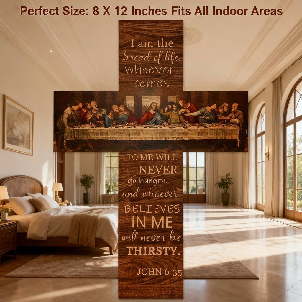 ✝️ The Last Supper Wooden Cross Decoration – 8x12 Inch Handmade Christian Wall Art with Christ Logo 🌿