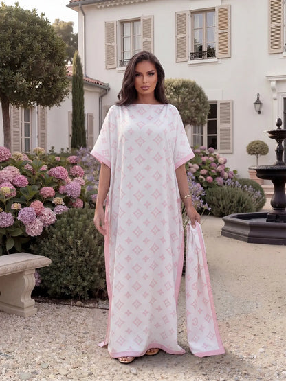 ✨ Women's Elegant Geometric Print Robe Set – Long Dress & Scarf Shawl, Satin Silk Beach Cover-Up 🌊