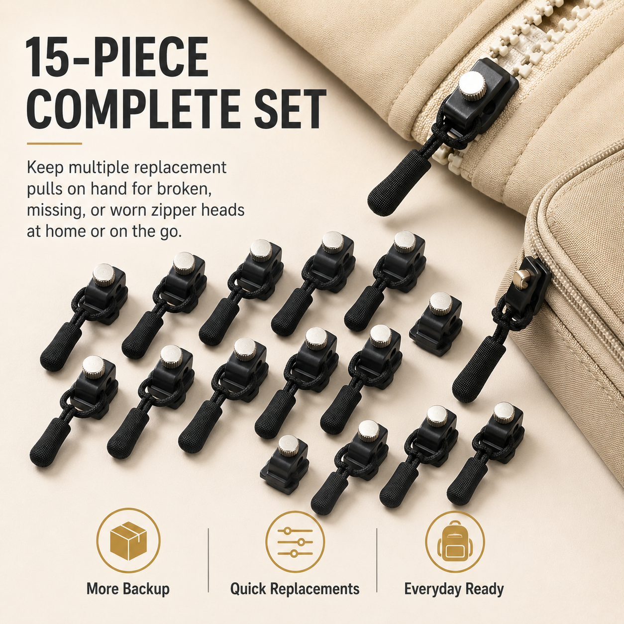 Zipper Fix Kit – 15-Piece Detachable Sliders, 3 Sizes for Clothes, Bags & Shoes, Tool-Free Replacement