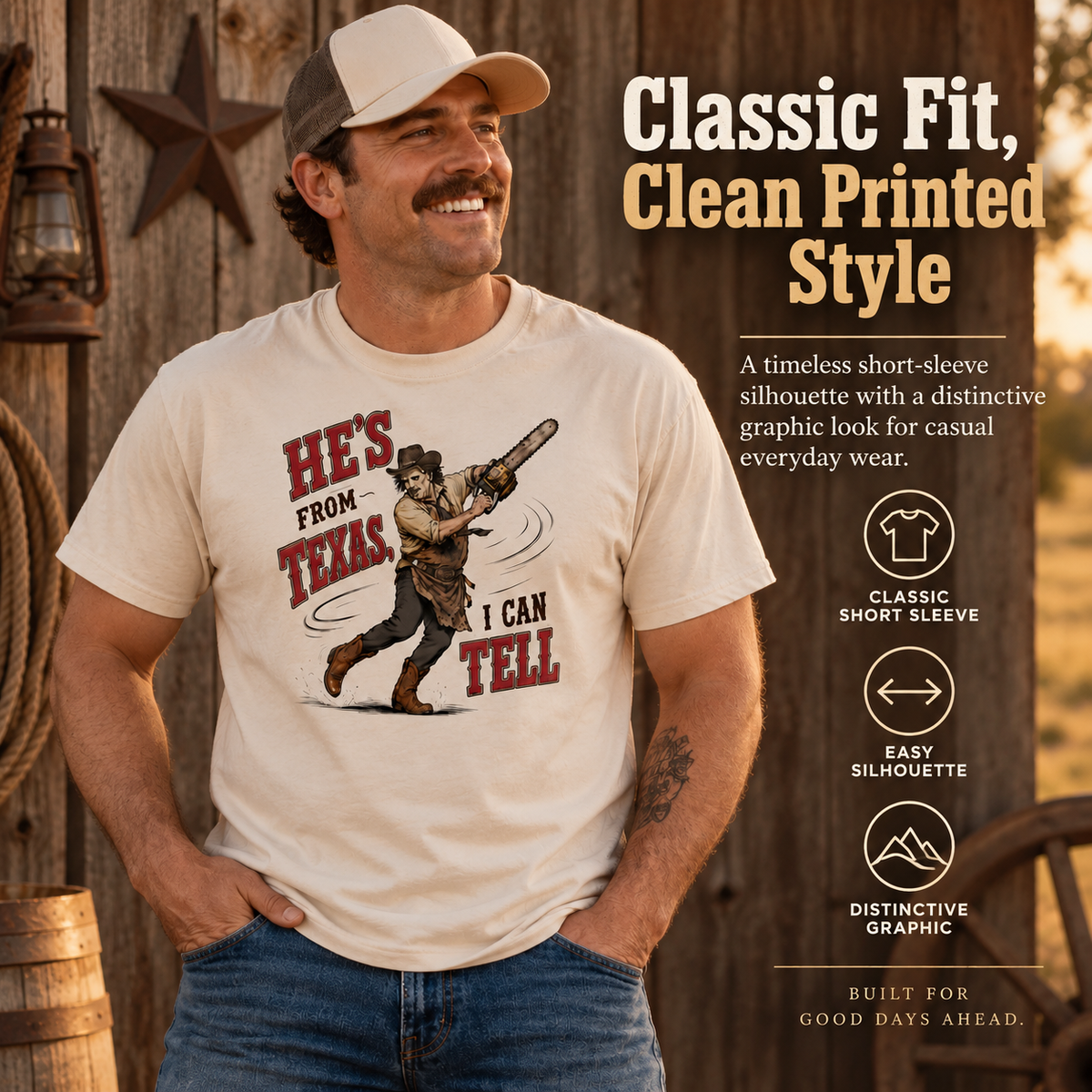 Texas Horror Graphic T-Shirt – Slasher Print, 100% Cotton 200gsm, Classic Fit Halloween Tee