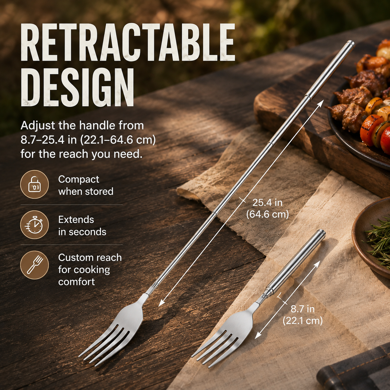 Extendable Long-Handle Fork for BBQ and Outdoor Cooking