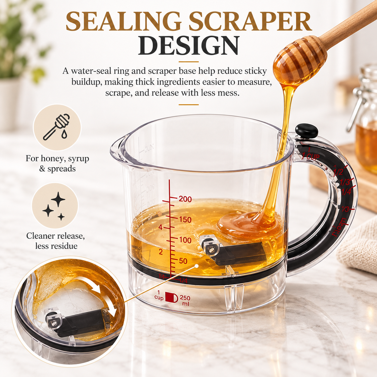4-in-1 Push-Bottom Measuring Cup – Adjustable Dual Scale (ml/oz), Scraper Seal, Dishwasher Safe, Replaces 4 Cups