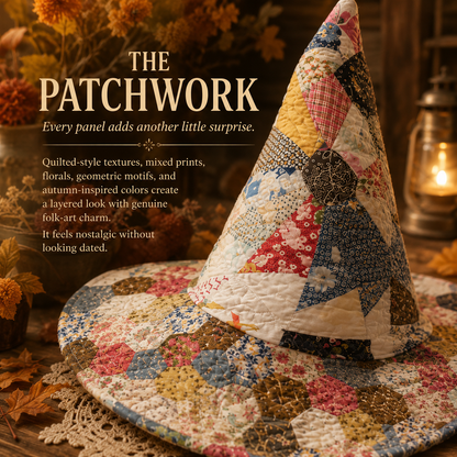 Quilted Patchwork Witch Hat – Vintage Folk-Art Style, One Size Fits Most