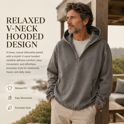 🧥 Men's 80s90s Washed Hooded Sweatshirt – Loose V-Neck Half-Zip Denim Jacket with Zip Pockets & Elastic Cuffs for Fall Winter Spring