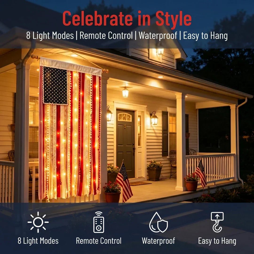 Handcrafted Lighted Rag American Flag Banner | 8 LED Modes | July 4th Patriotic Décor