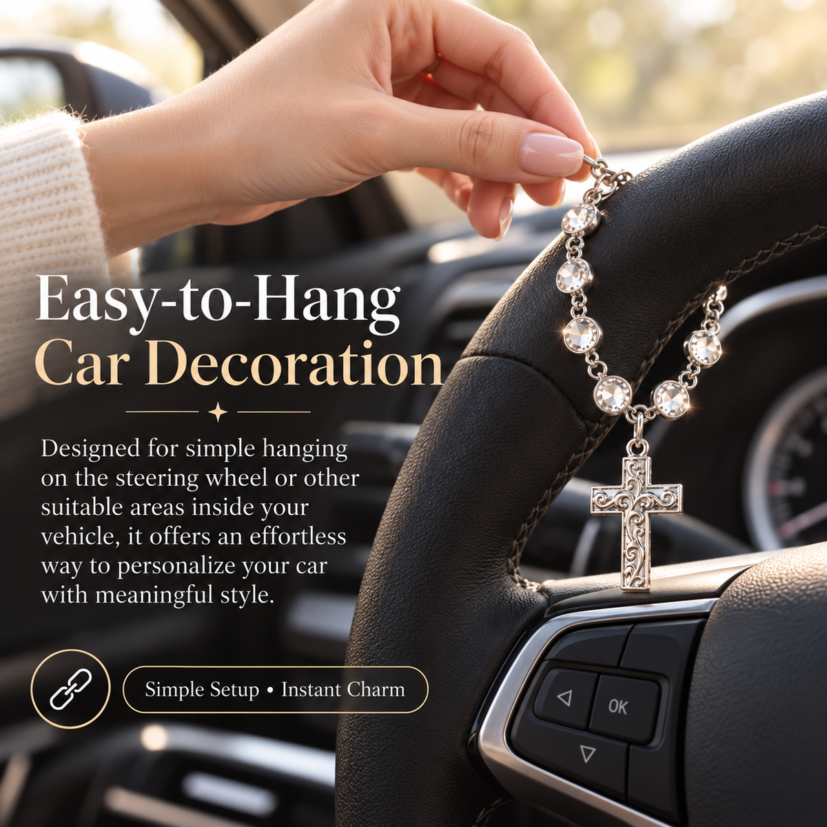✨ Faith Crystal Cross Charm – Silver Beaded Steering Wheel Ornament, Spiritual Blessing for Drivers & Auto Interior