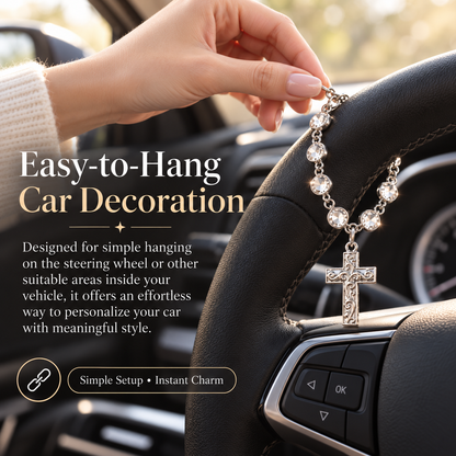 ✨ Faith Crystal Cross Charm – Silver Beaded Steering Wheel Ornament, Spiritual Blessing for Drivers & Auto Interior