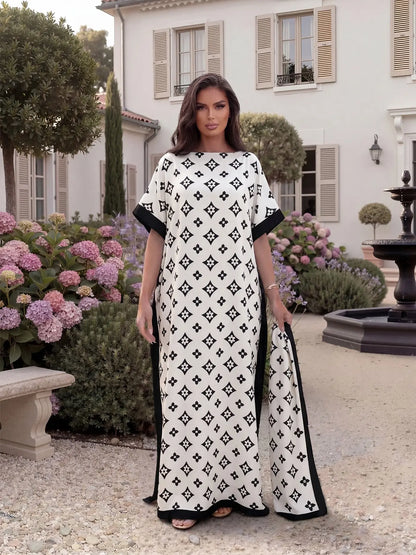 ✨ Women's Elegant Geometric Print Robe Set – Long Dress & Scarf Shawl, Satin Silk Beach Cover-Up 🌊