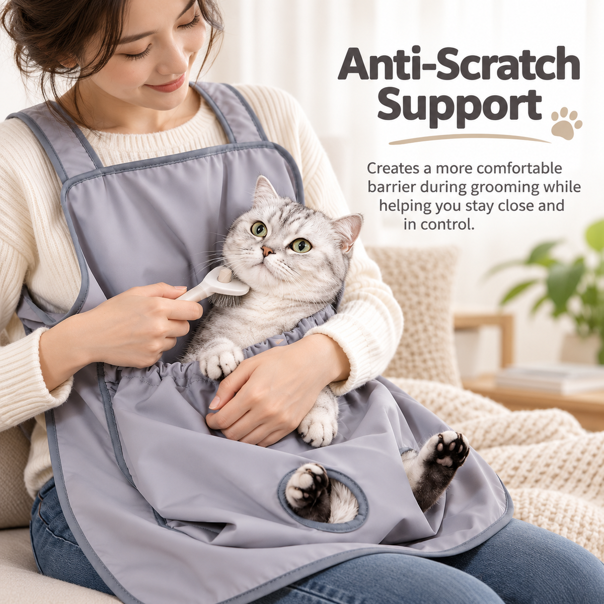 ✂️ Adjustable Pet Cuddling Apron – Anti-Scratch, Hair-Resistant, Leg Holes for Grooming, Feeding & Nail Trimming