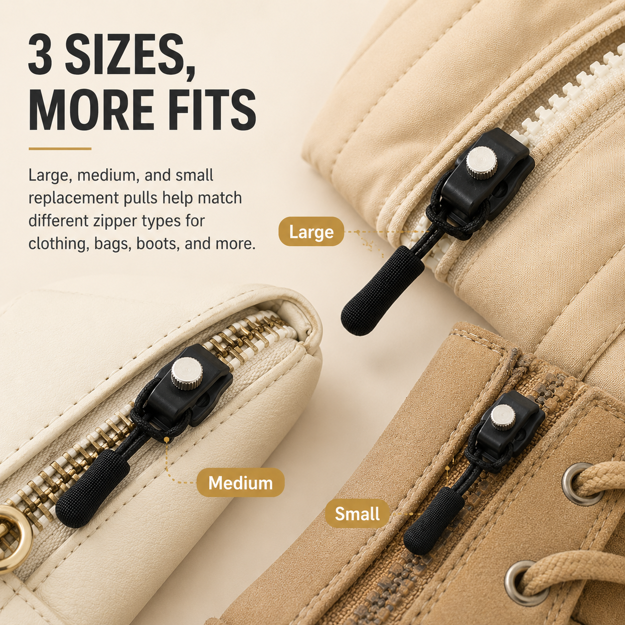Zipper Fix Kit – 15-Piece Detachable Sliders, 3 Sizes for Clothes, Bags & Shoes, Tool-Free Replacement
