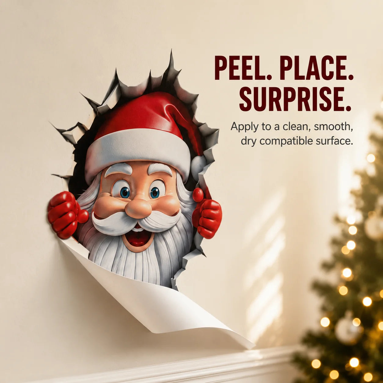 3D Santa Claus Wall Sticker – Peel & Stick Christmas Decal, No Damage, Reusable