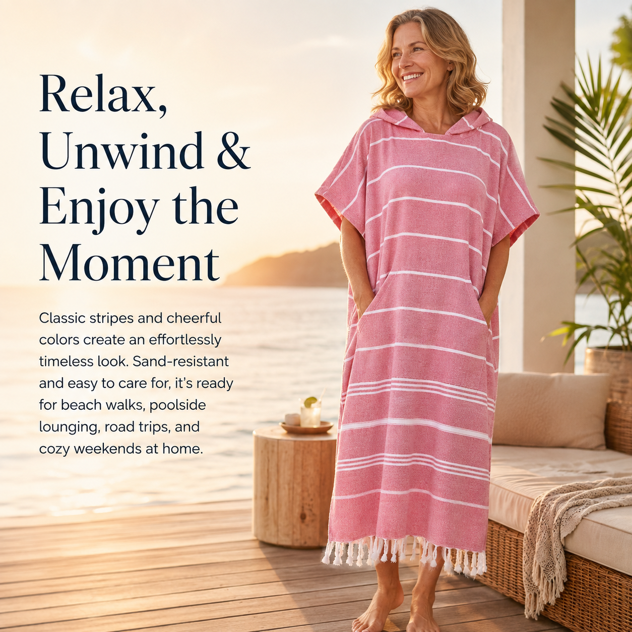 🌊 Striped Cotton Hooded Beach Poncho – Lightweight, Quick-Dry Comfort with Side Pockets