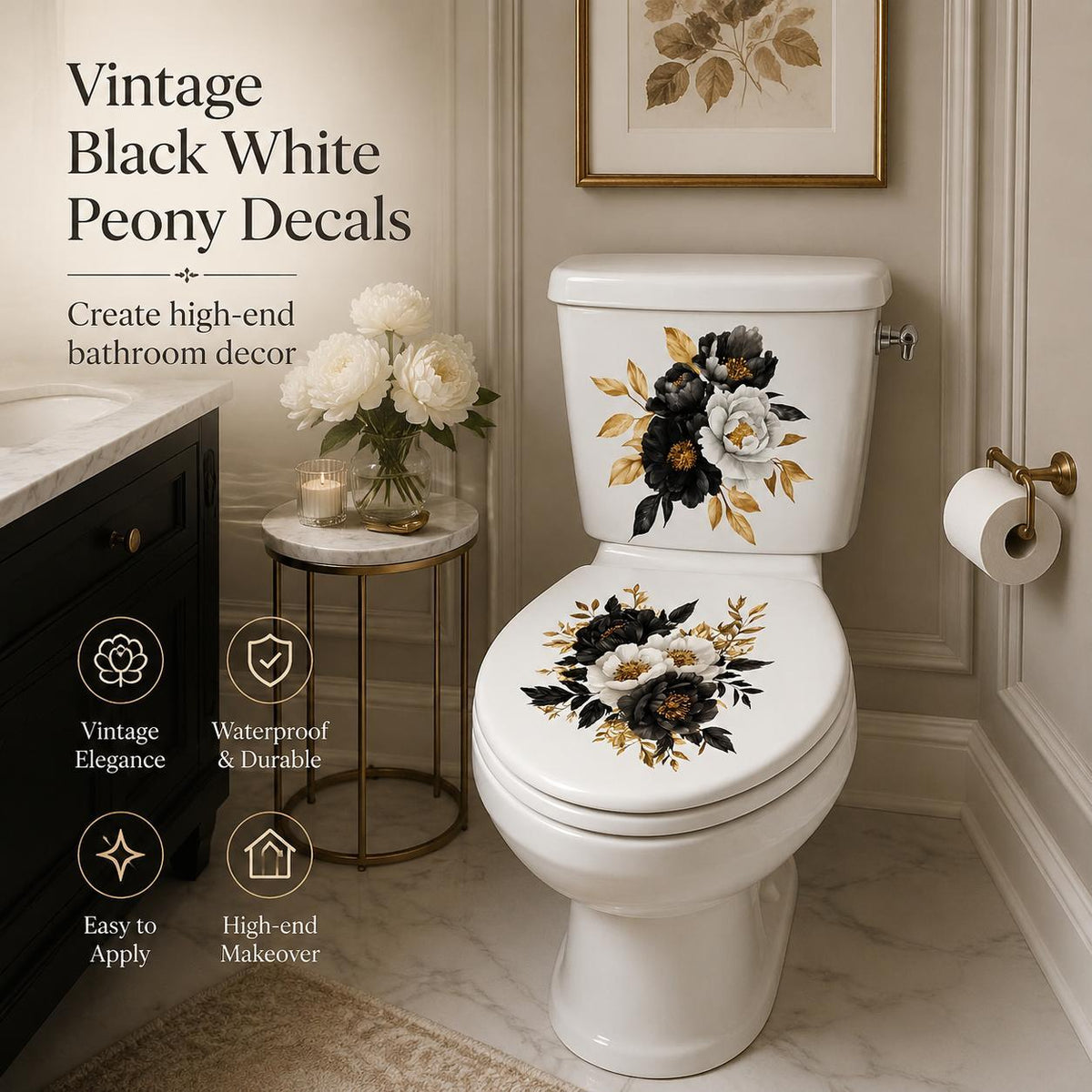 3-Piece Floral Bathroom Sticker Set – Peel & Stick PVC Decals, Waterproof Matte Finish, Instant Toilet & Wall Decor