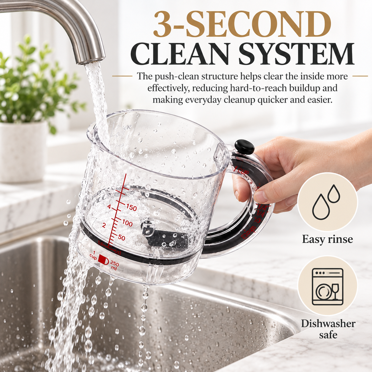 4-in-1 Push-Bottom Measuring Cup – Adjustable Dual Scale (ml/oz), Scraper Seal, Dishwasher Safe, Replaces 4 Cups