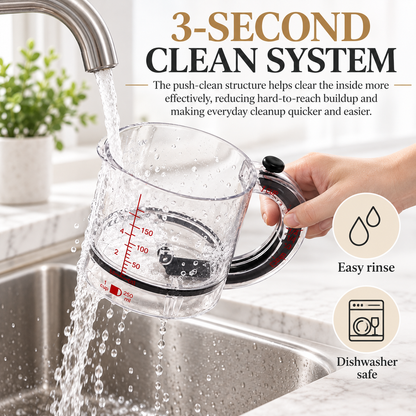 4-in-1 Push-Bottom Measuring Cup – Adjustable Dual Scale (ml/oz), Scraper Seal, Dishwasher Safe, Replaces 4 Cups