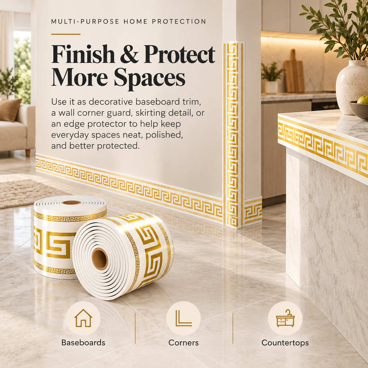 🛠️ No-Tool Vinyl Baseboard Roll – Self-Adhesive Skirting Trim, Removable & Reusable, European Corner Guard for DIY Home Decor