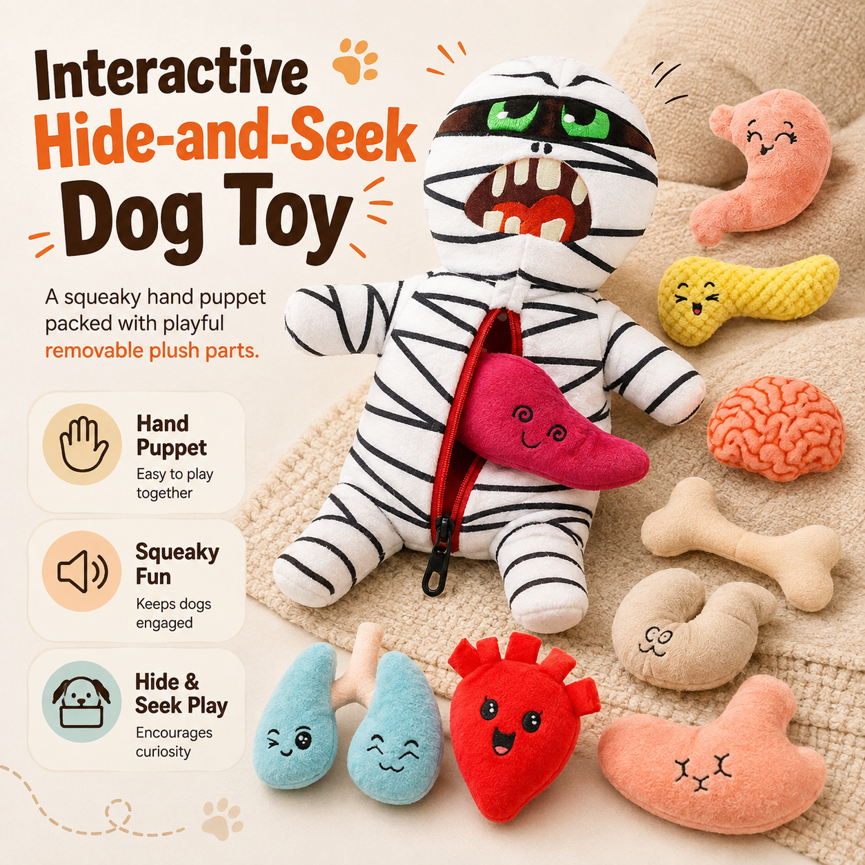 🧟 9-in-1 Zombie Plush Dog Toys – Squeaky Mummy Toy Set with 8 Organ-Shaped Plush Puzzle Toys for Interactive Play 🧩🐾