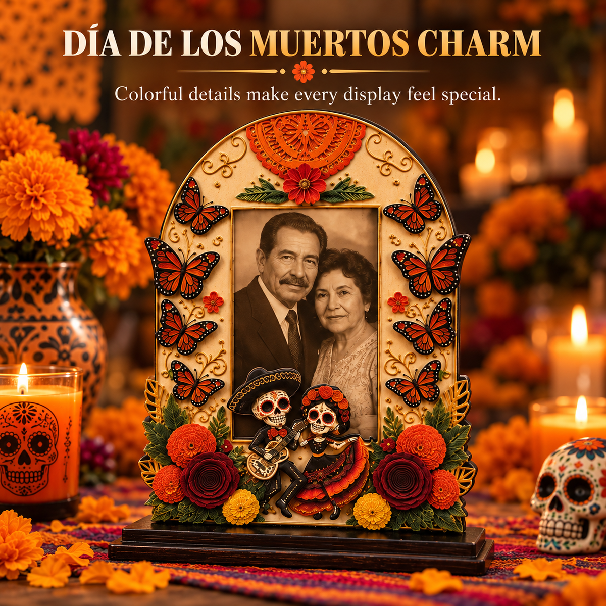 Day of the Dead Wooden Photo Frame – Día de los Muertos Decorative Frame for Altar, Shelf & Tabletop Display