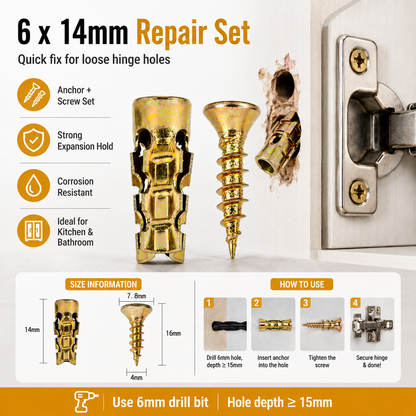 🔩 6×14mm Short Expansion Screw Set for Cabinet Hinge Repair & Stripped Thread Restoration