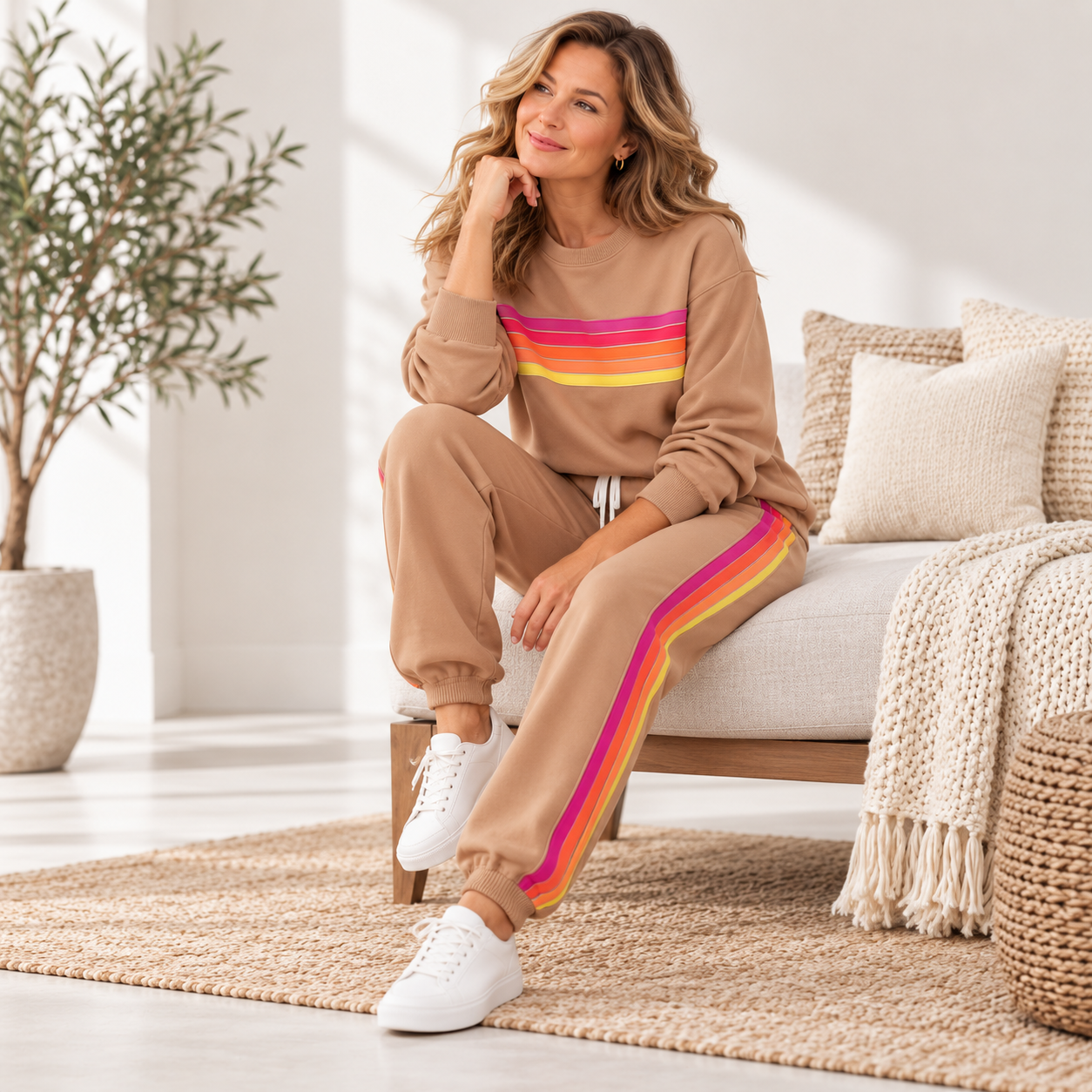 Women's 2-Piece Sweat Set – Retro Rainbow Stripe Crewneck Sweatshirt & Track Pants, Relaxed Casual Lounge Wear