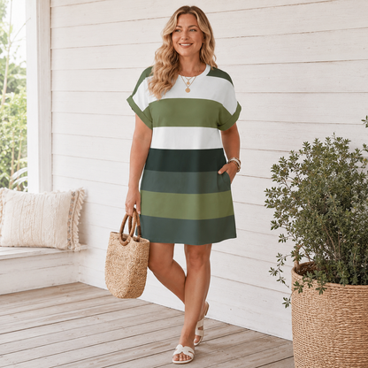 Colorblock Striped Sundress – Short Sleeve Crew Neck Plus Size Summer Dress