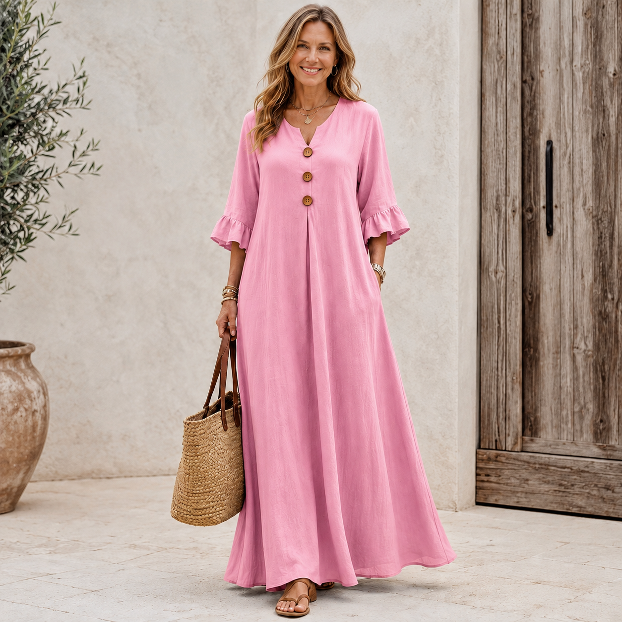🌾 Women's Boho V-Neck Dress – Loose-Fit A-Line with Wooden Buttons & Ruffle Sleeves, Fall & Winter Casual Wear 🍂✨