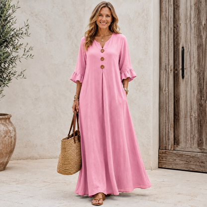 🌾 Women's Boho V-Neck Dress – Loose-Fit A-Line with Wooden Buttons & Ruffle Sleeves, Fall & Winter Casual Wear 🍂✨