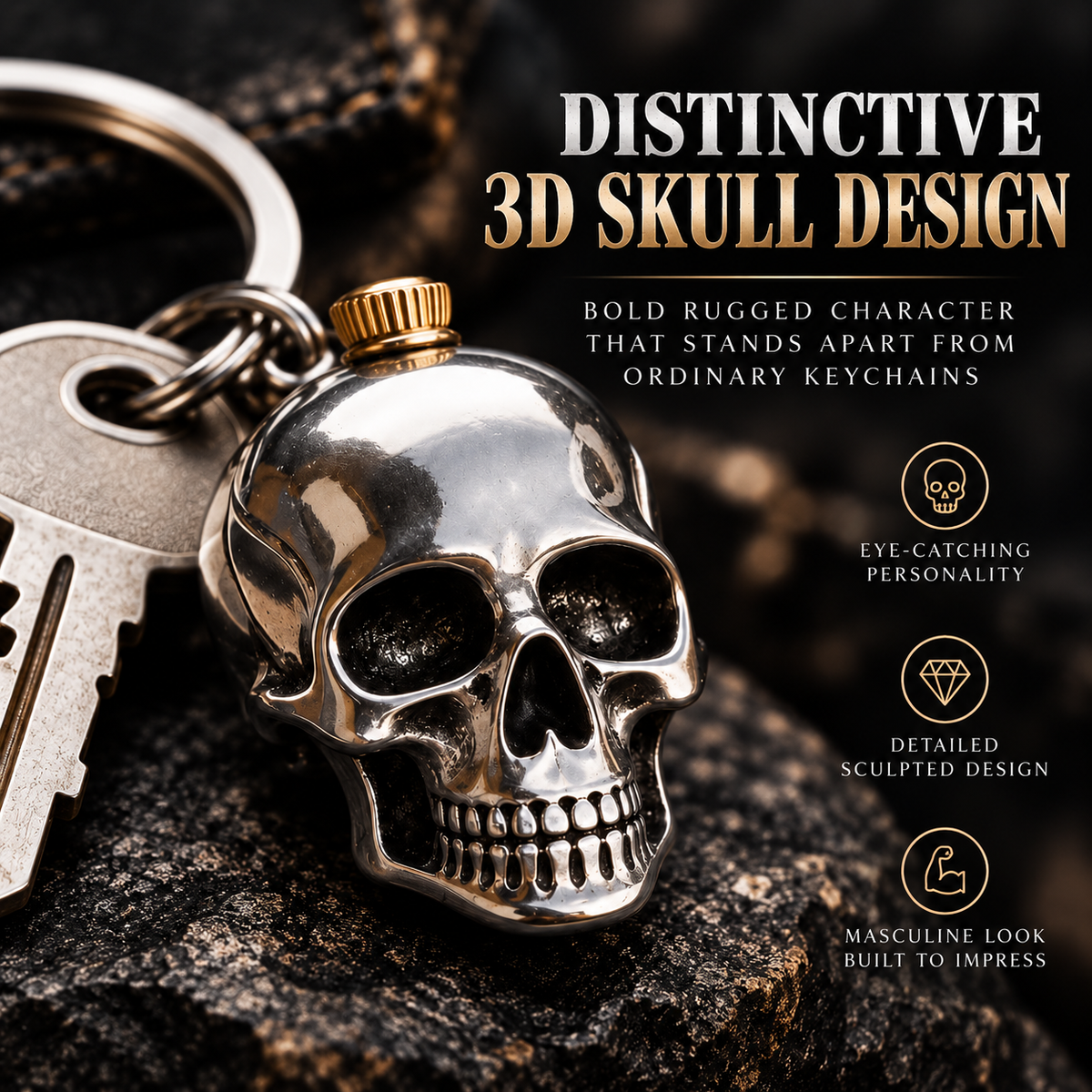 🔑 Heavy-Duty Stainless Steel Skull Keychain – Gothic Punk EDC Accessory, Durable Gift for Bikers-3 Pack