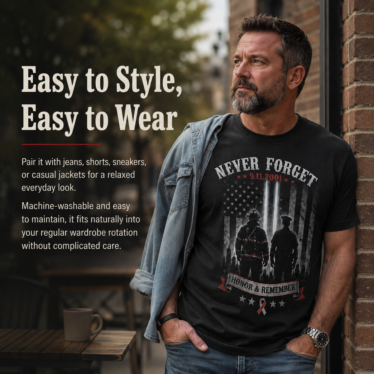9/11 Memorial Tribute T-Shirt – Twin Towers, Eagle and American Flag Design