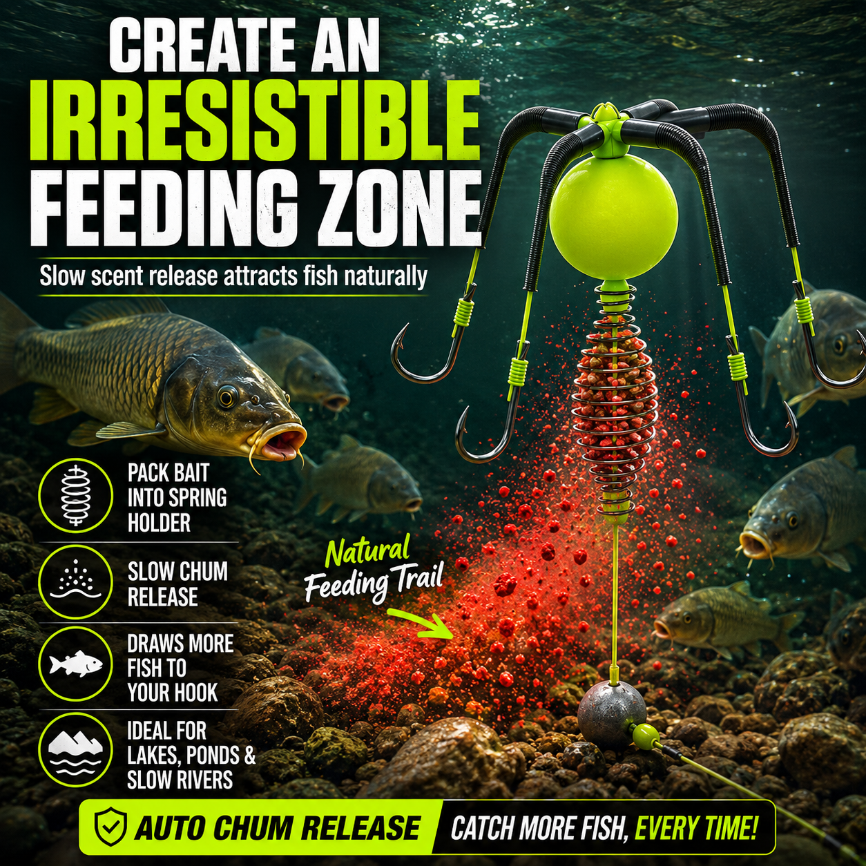 Carp & Catfish Bait Cage Rig – Anti-Snag Off-Bottom Design with Floating Hooks & Stable Weight 🎯