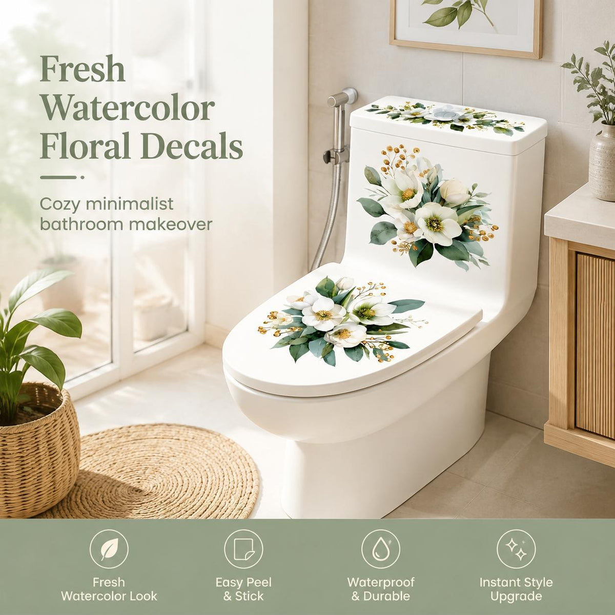 3-Piece Floral Bathroom Sticker Set – Peel & Stick PVC Decals, Waterproof Matte Finish, Instant Toilet & Wall Decor