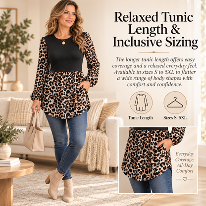 Women's Babydoll Peplum Tunic Top – Round Neck, Long Sleeve, Ruffle Hem