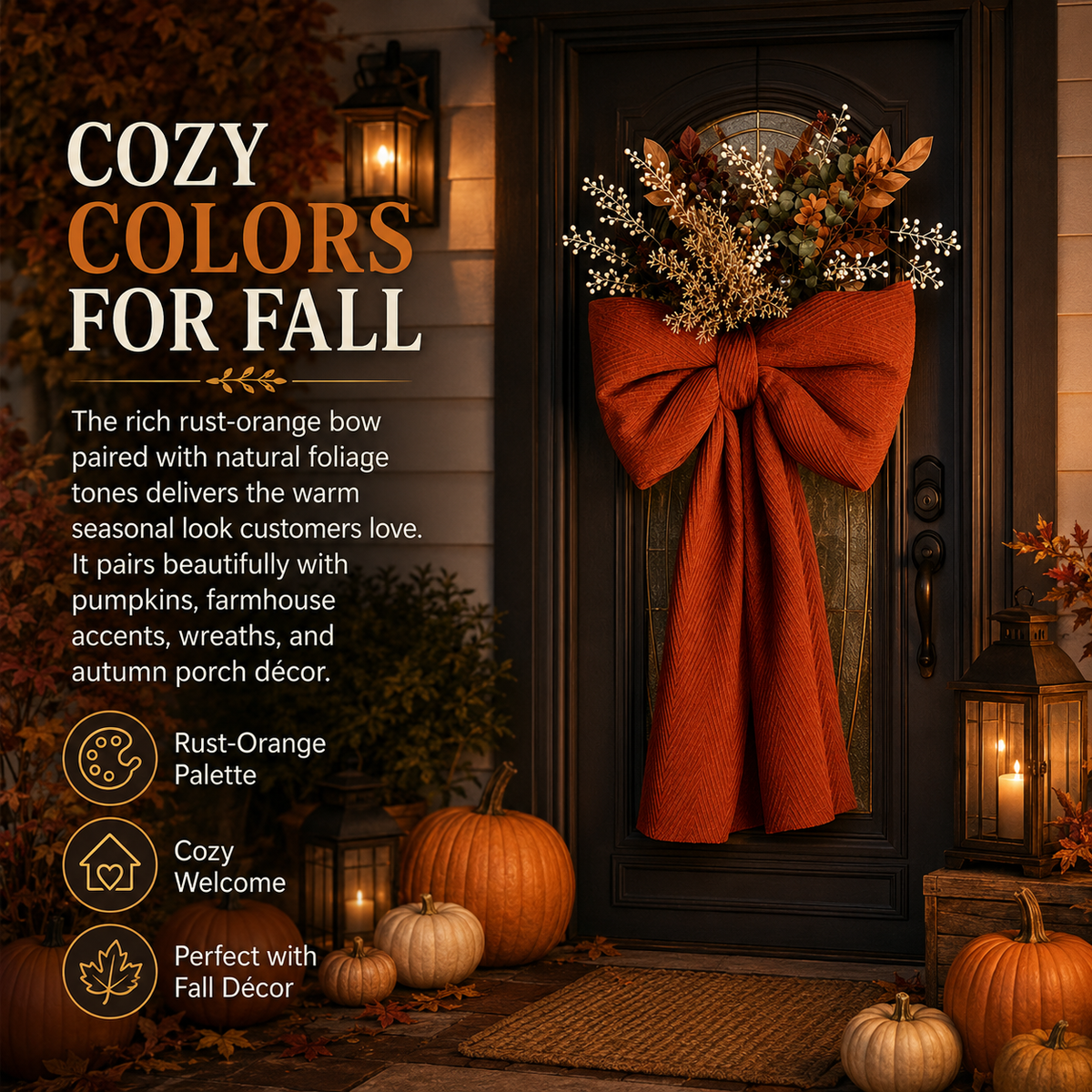 🍂 Oversized Autumn Door Swag – Warm Fall Welcome with Floral Bow & Rustic Porch Charm 🧡✨