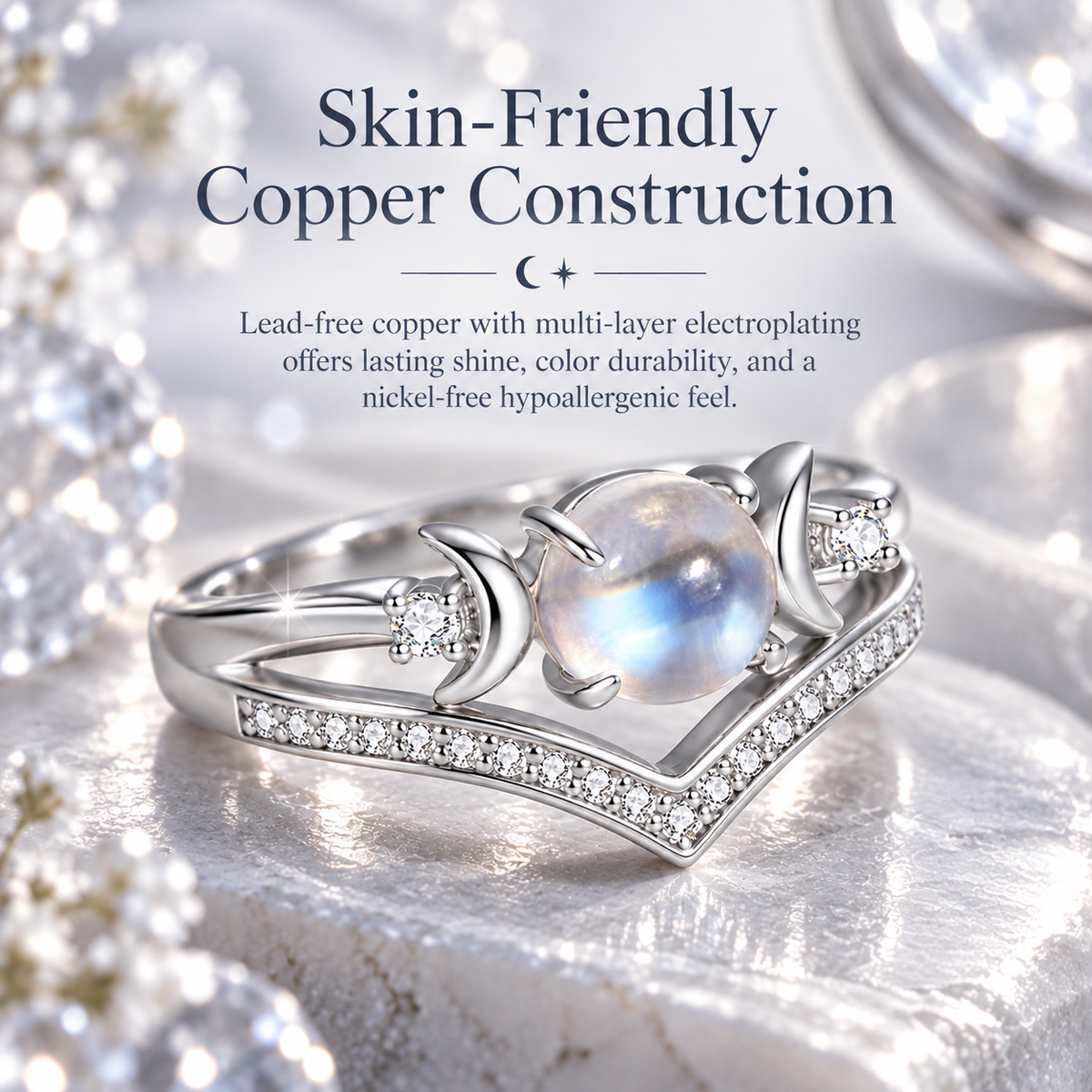 ✨ Natural Moonstone Stackable Rings – Triple Moon Goddess Design, Lead-Free Copper, Hypoallergenic Boho Set for Emotional Calm