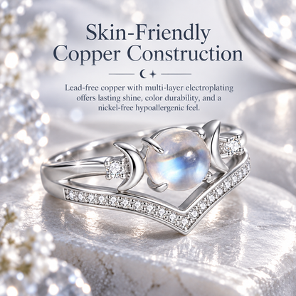 ✨ Natural Moonstone Stackable Rings – Triple Moon Goddess Design, Lead-Free Copper, Hypoallergenic Boho Set for Emotional Calm