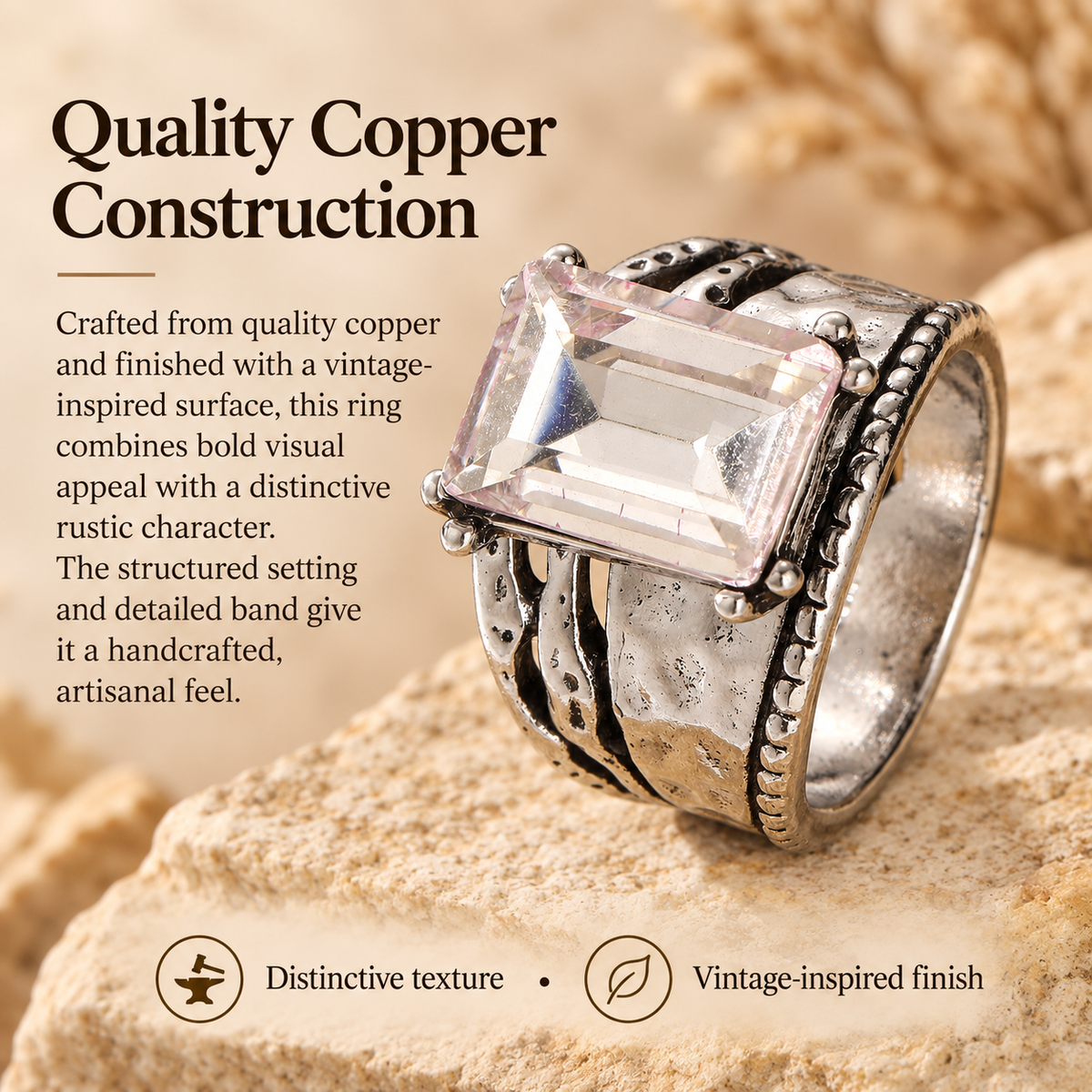 Women's Vintage Copper Statement Ring – Geometric Antique Design, Sizes 6–10, Boho Everyday Jewelry