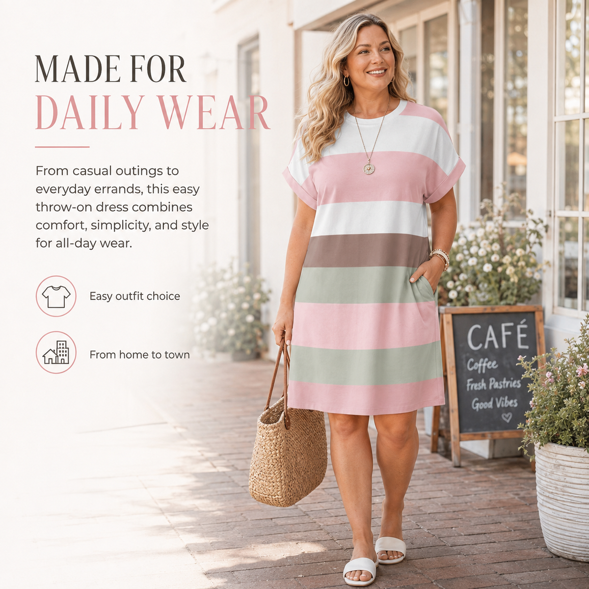 Colorblock Striped Sundress – Short Sleeve Crew Neck Plus Size Summer Dress