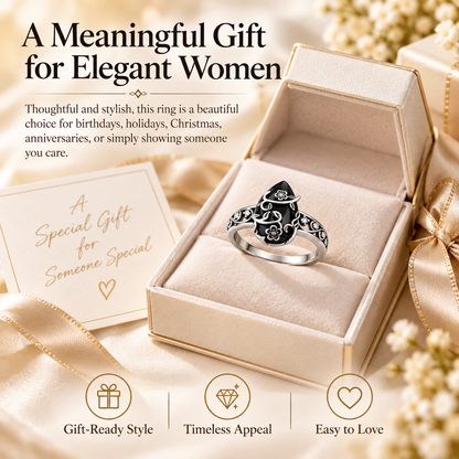 💍 Retro Floral Silver Ring – 925 Sterling Silver with Synthetic Obsidian Stone
