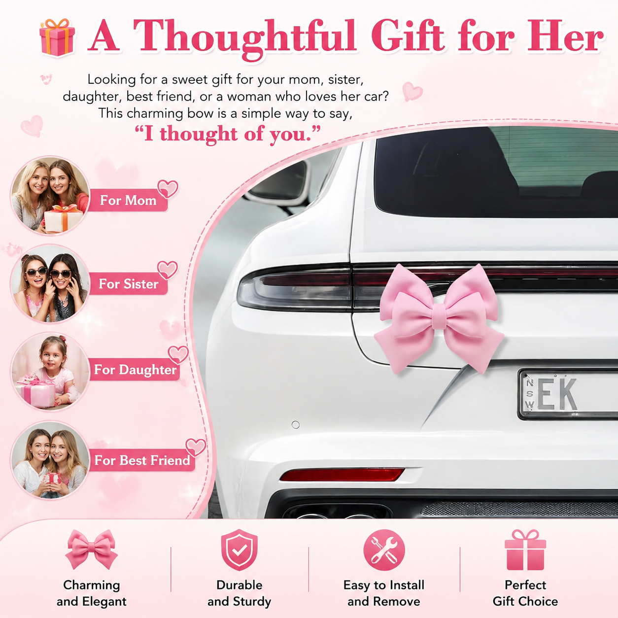 3D Fabric Car Bow – Weatherproof, Strong Adhesive, Feminine Car Decoration for Women Who Love Their Cars