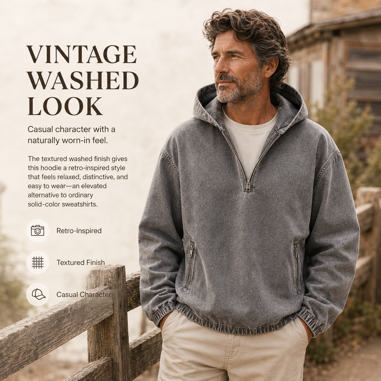 🧥 Men's 80s90s Washed Hooded Sweatshirt – Loose V-Neck Half-Zip Denim Jacket with Zip Pockets & Elastic Cuffs for Fall Winter Spring